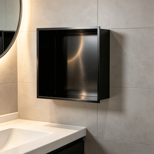 Stainless steel recessed shower niche